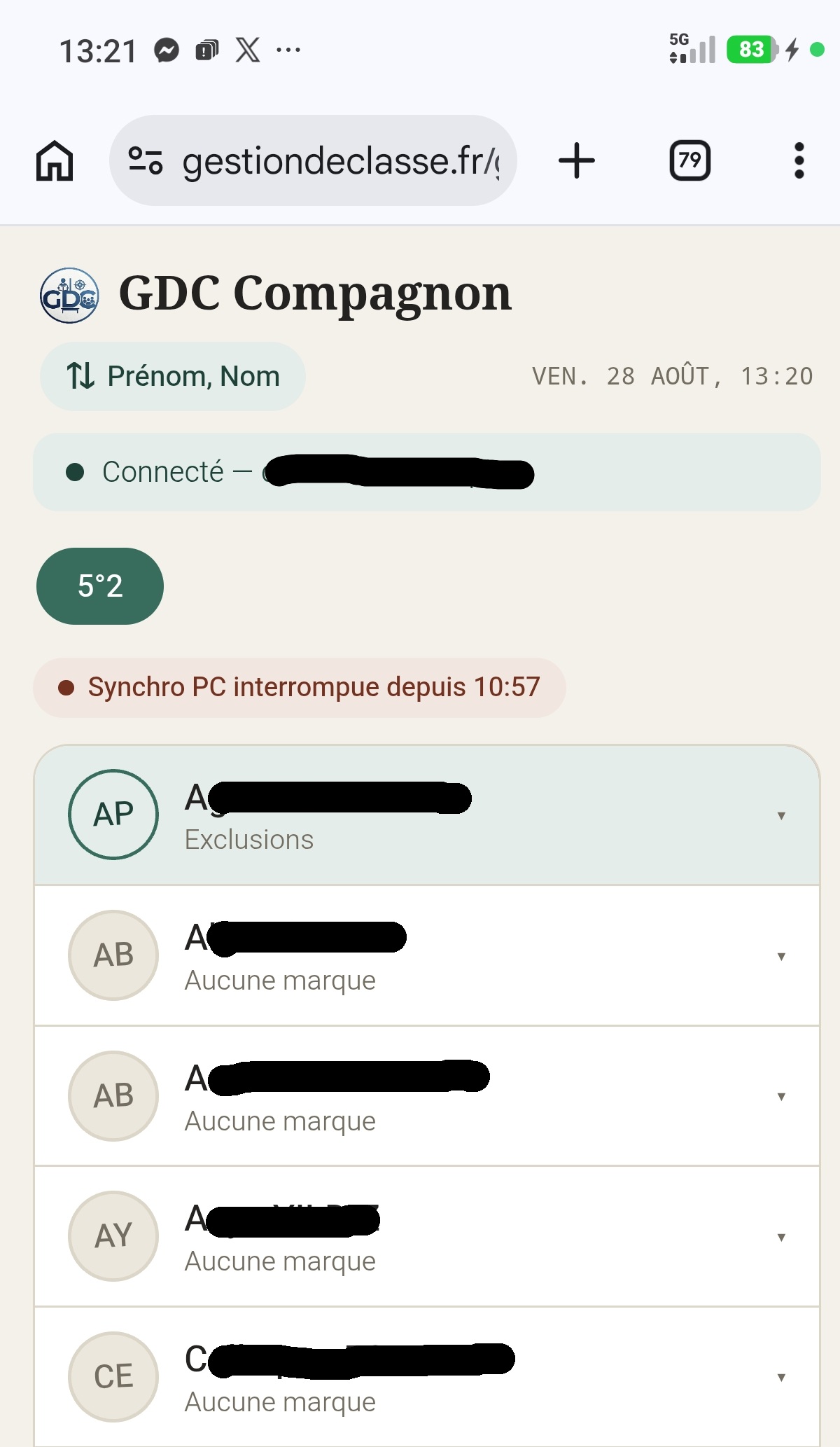 Compagnon mobile — liste des élèves