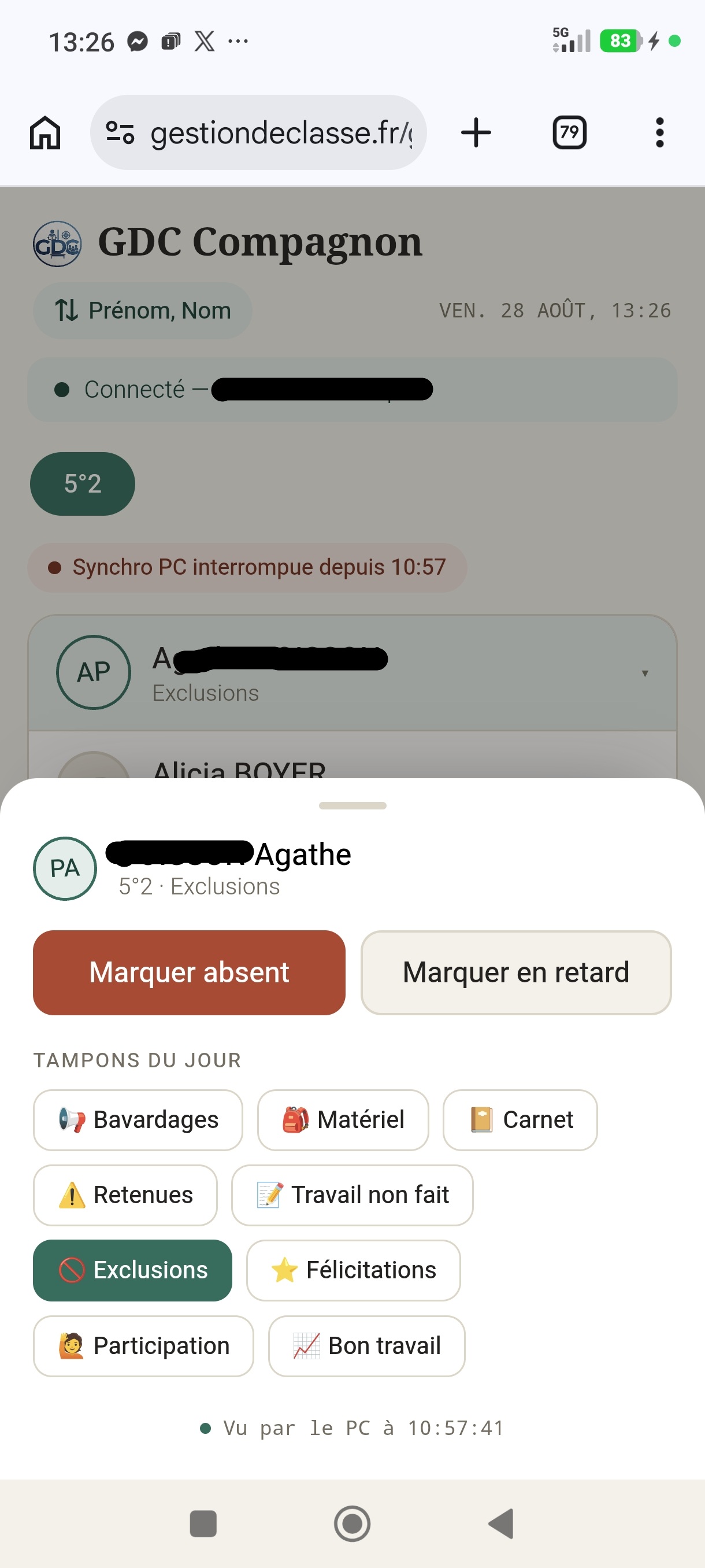 Compagnon mobile — marquage d'une action